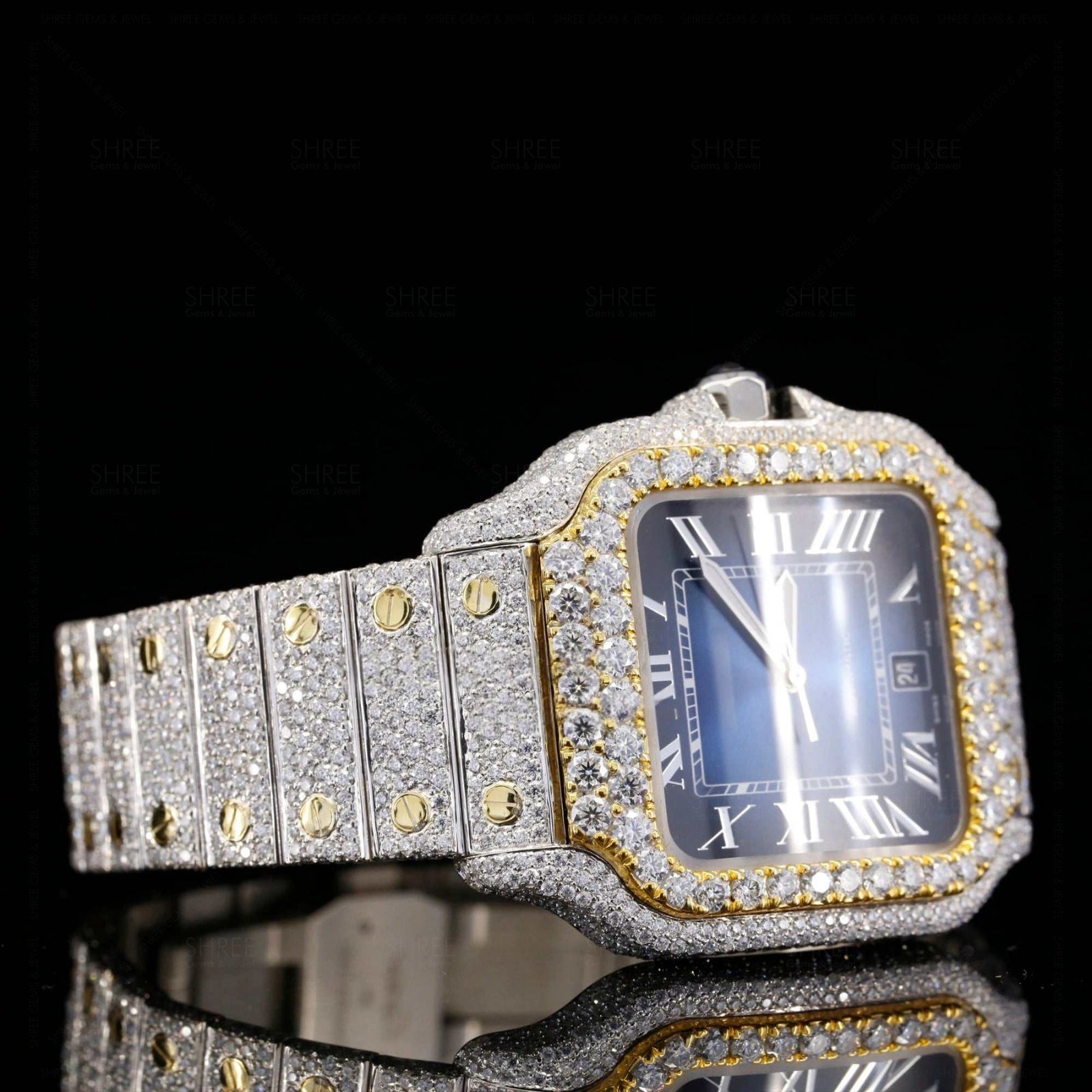 Close up View of Roman Blue Dial Two Tone Moissanite Watch | 41 MM | Yellow Gold Tone