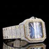 Close up View of Roman Blue Dial Two Tone Moissanite Watch | 41 MM | Yellow Gold Tone