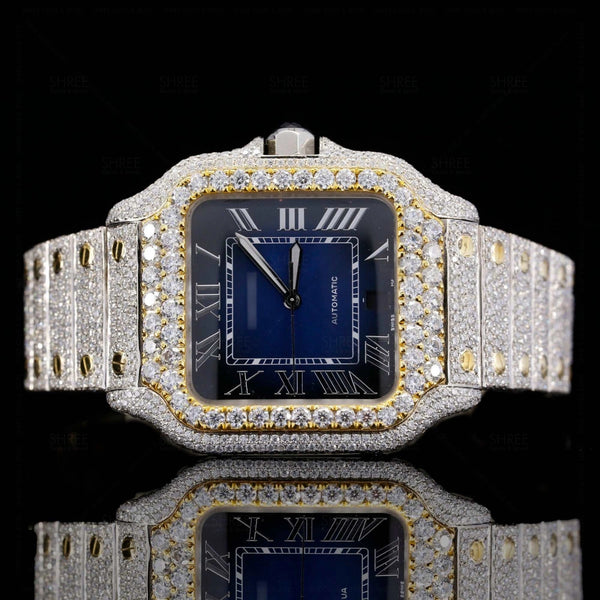 Front View of Roman Blue Dial Two Tone Moissanite Watch | 41 MM | Yellow Gold Tone
