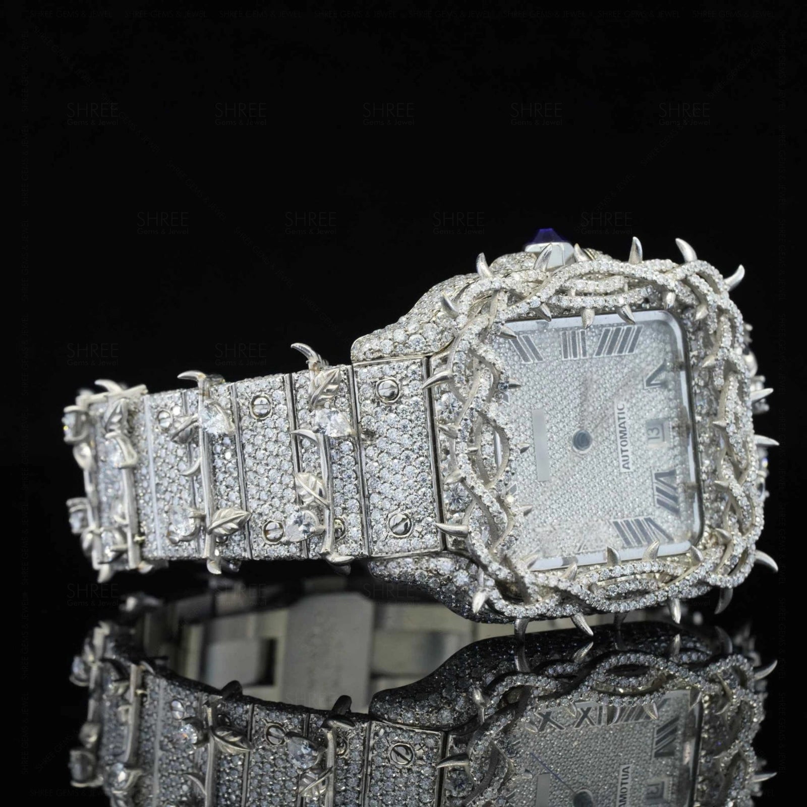 Side view of Roman Dial Moissanite Thorn Watch | 41 MM | White Gold Tone