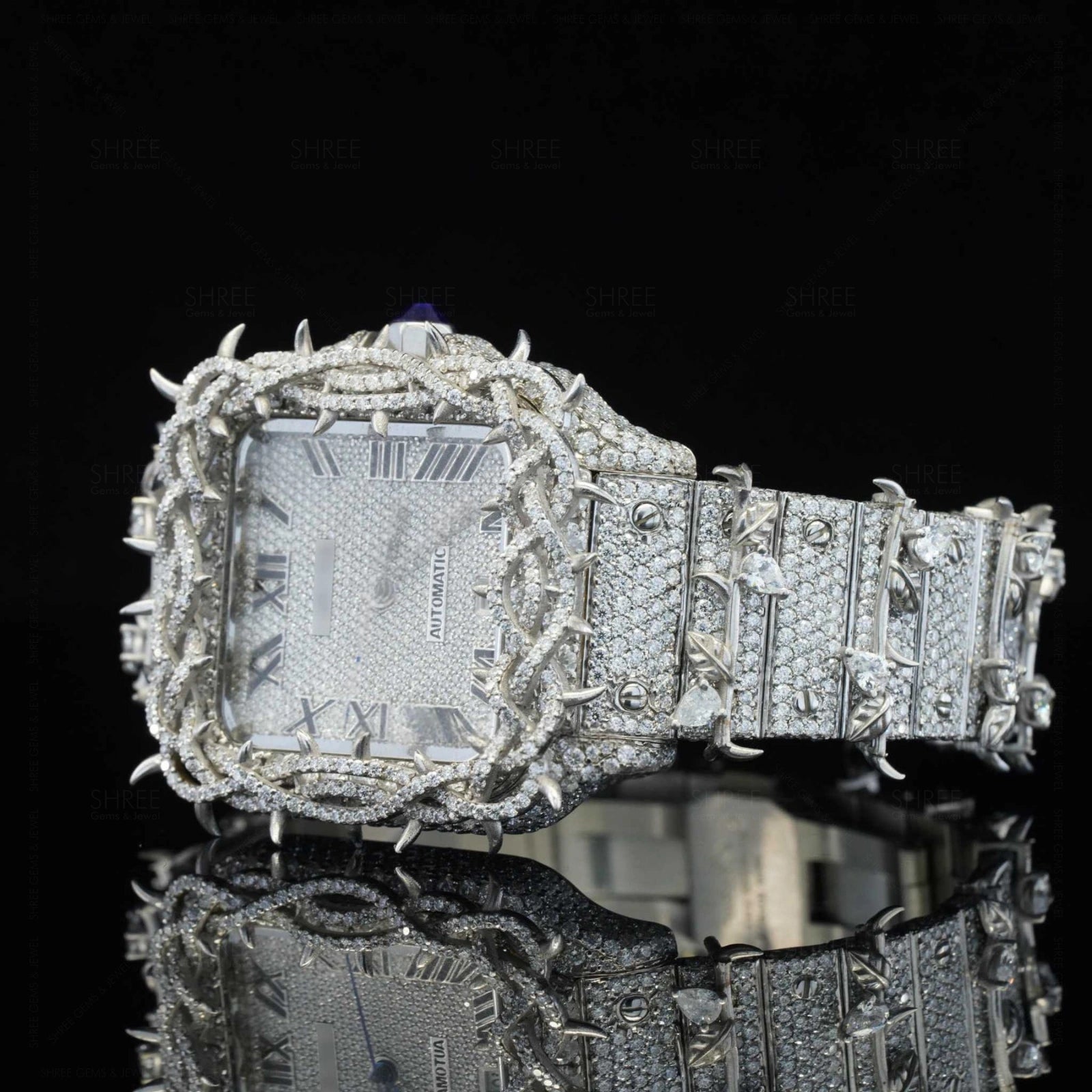 Close up view of Roman Dial Moissanite Thorn Watch | 41 MM | White Gold Tone
