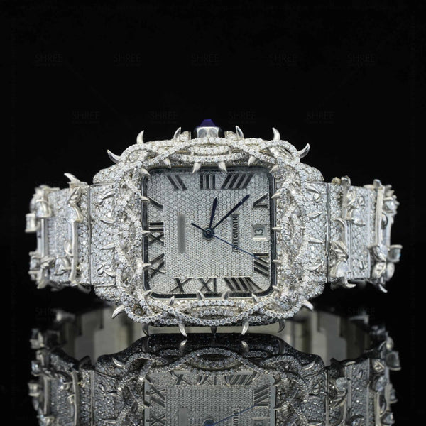Front view of Roman Dial Moissanite Thorn Watch | 41 MM | White Gold Tone