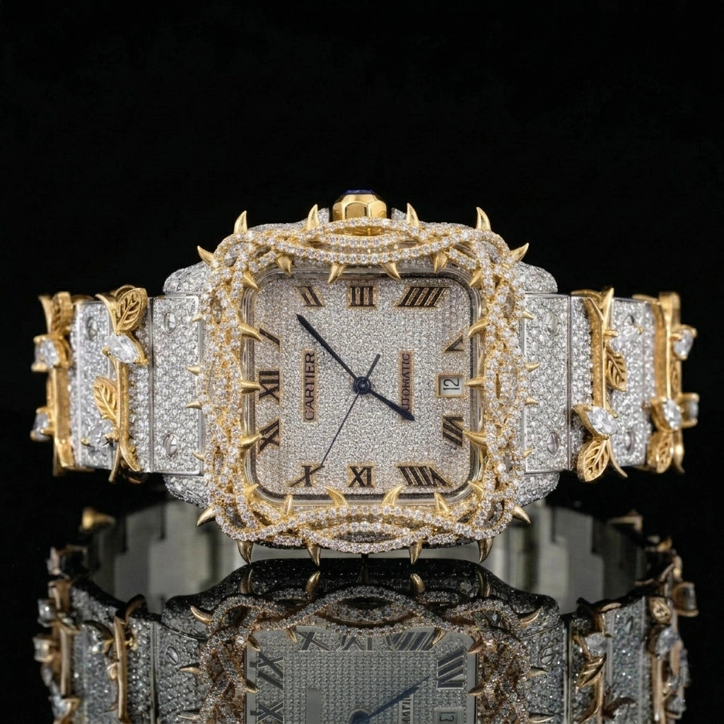 Front view of Roman Dial Moissanite Thorn Watch | 41 MM | Yellow Gold Tone