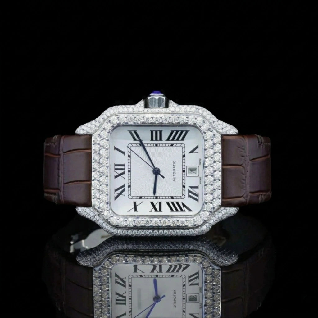 Front View of Roman White Dial Brown Leather Strap Moissanite Watch | 41 MM