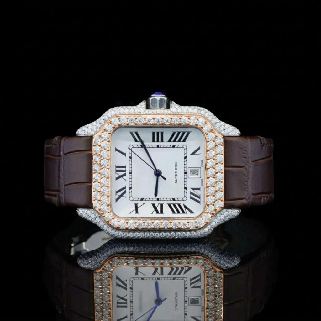 Front View of Roman White Dial Brown Leather Strap Moissanite Watch | 41 MM