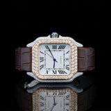 Front View of Roman White Dial Brown Leather Strap Moissanite Watch | 41 MM