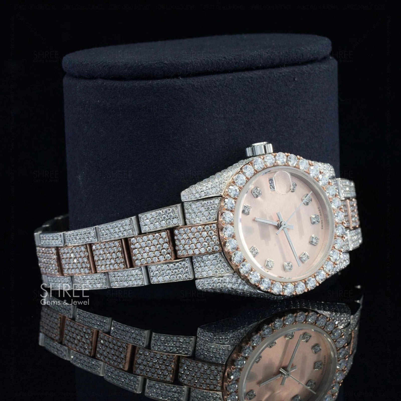 Side View Of Rose Gold Prism Oyster Moissanite Timepiece – 41MM Two Tone