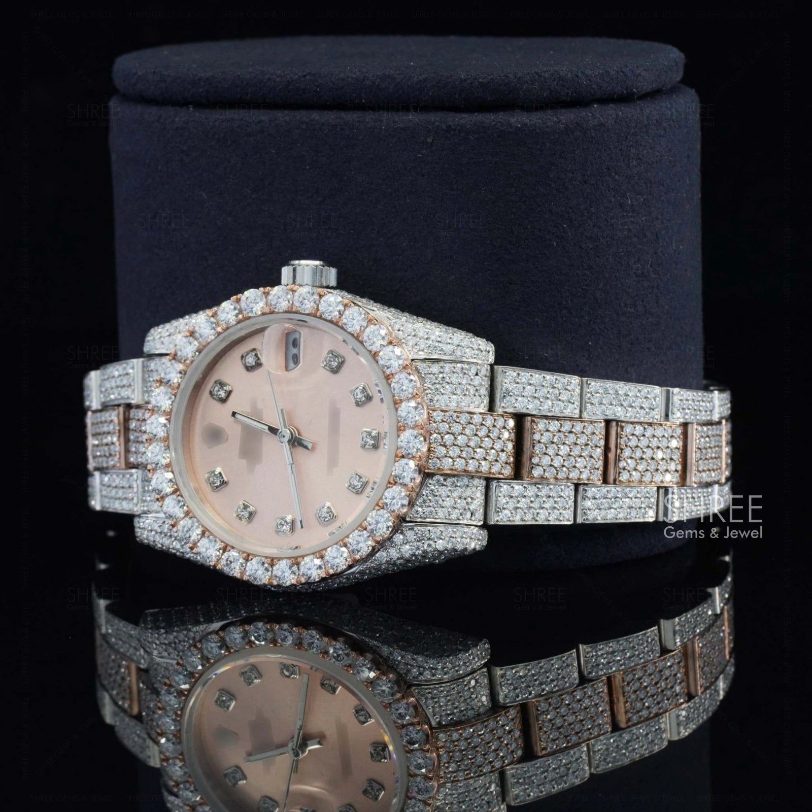 Side Face Of Rose Gold Prism Oyster Moissanite Timepiece – 41MM Two Tone
