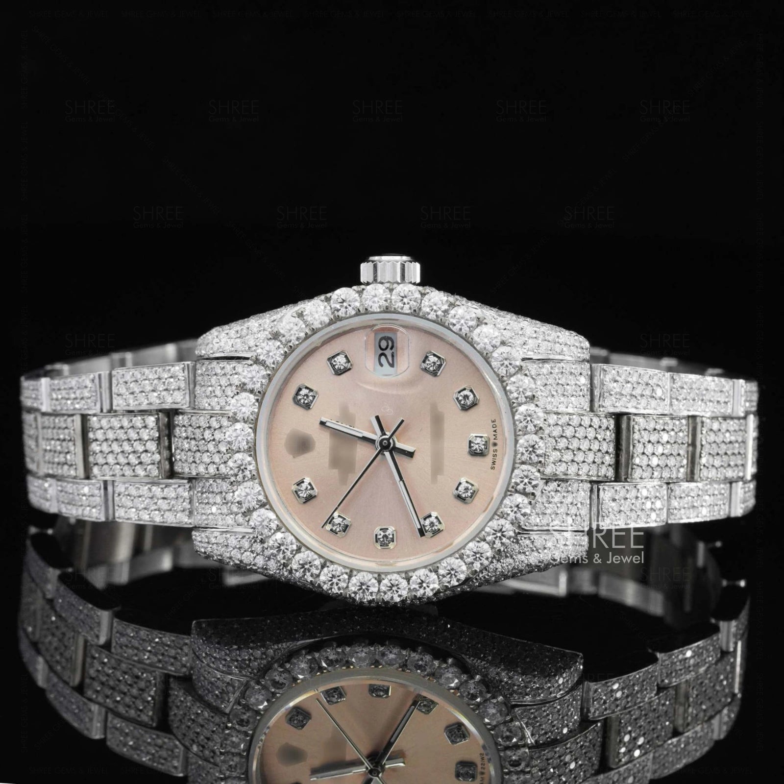 Front View Of White Gold Prism Oyster Moissanite Timepiece – 41MM 