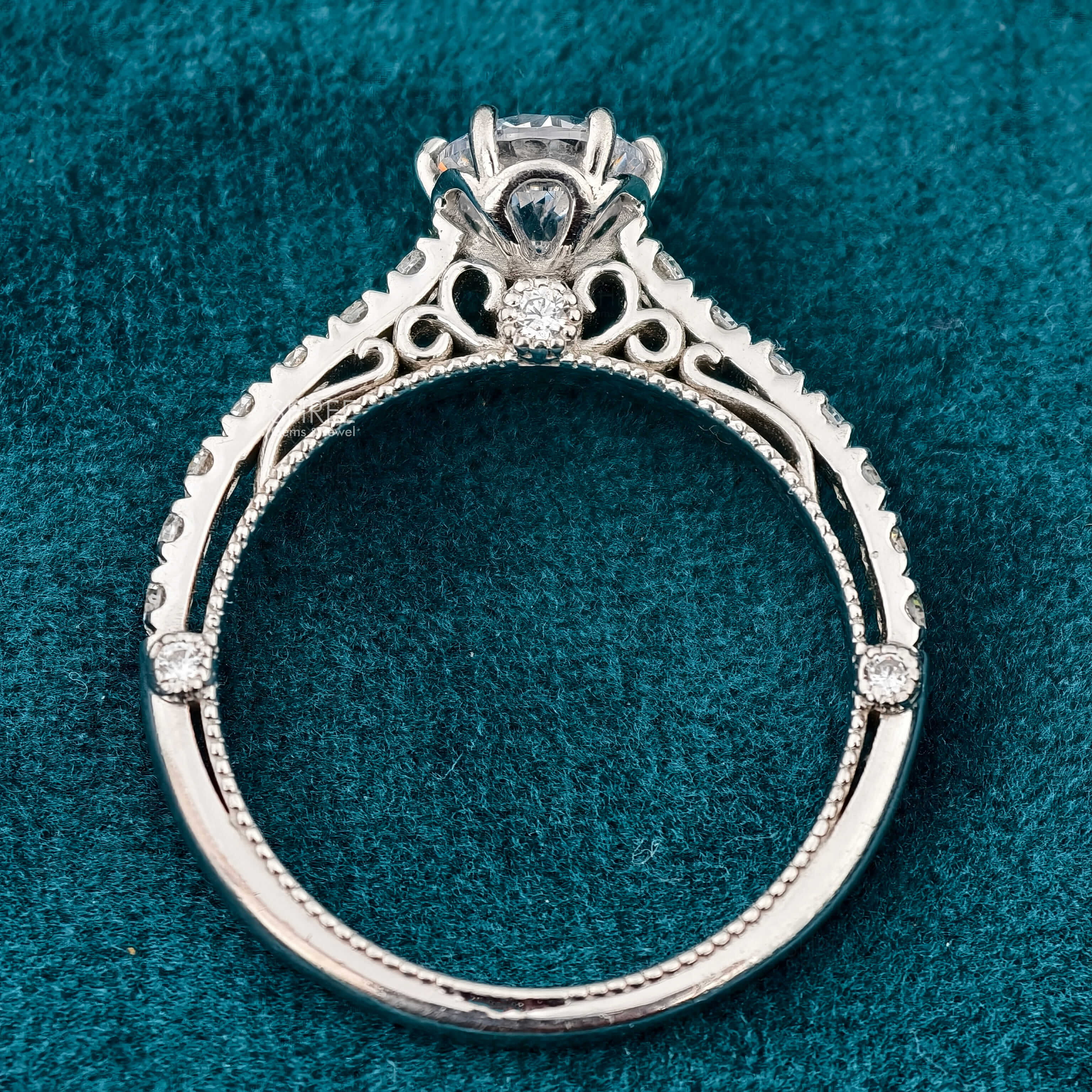 Full Band View Of Round Cut Lab Diamond Vintage Engagement Ring