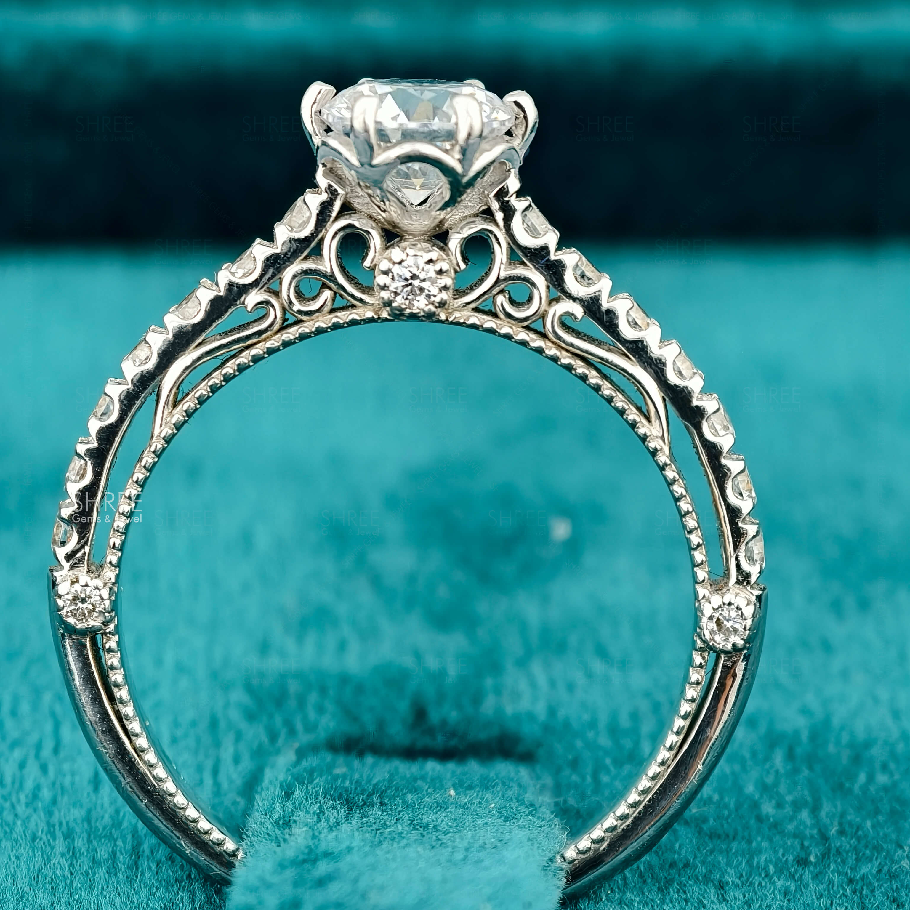 Full Band View Of Round Cut Lab Diamond Vintage Engagement Ring