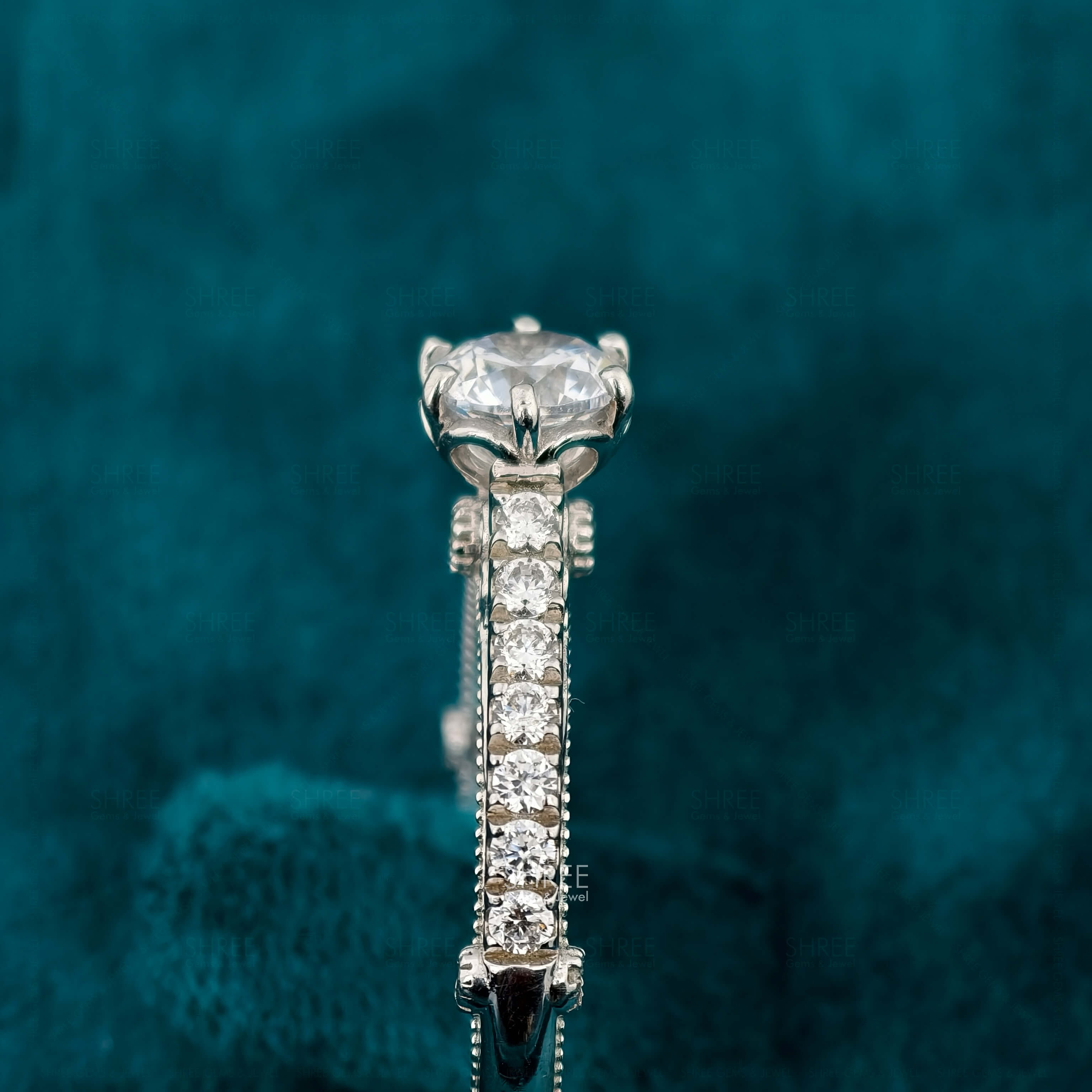 Side View Of Round Cut Lab Diamond Vintage Engagement Ring