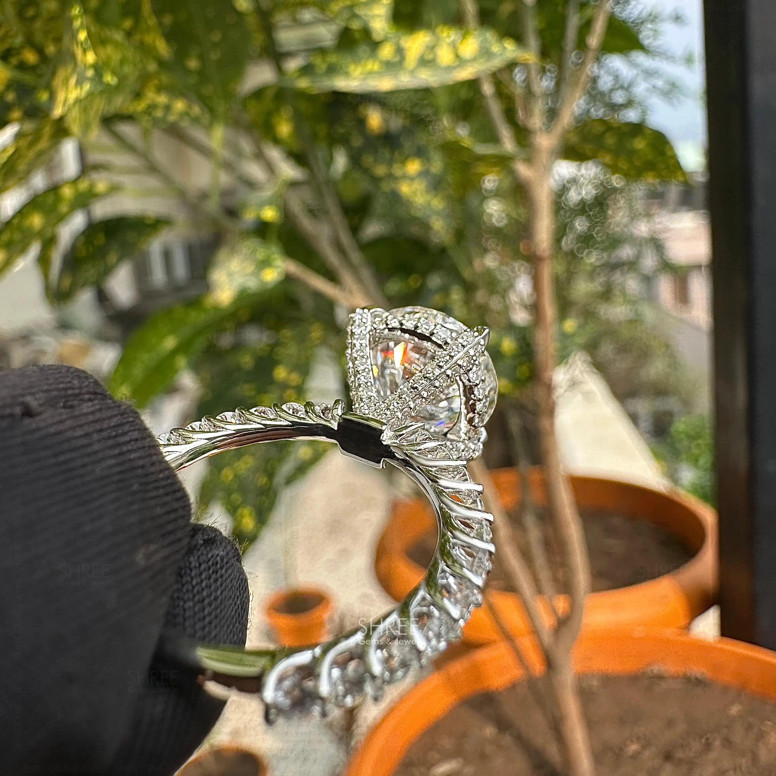 back view of hidden halo lab diamond engagement ring