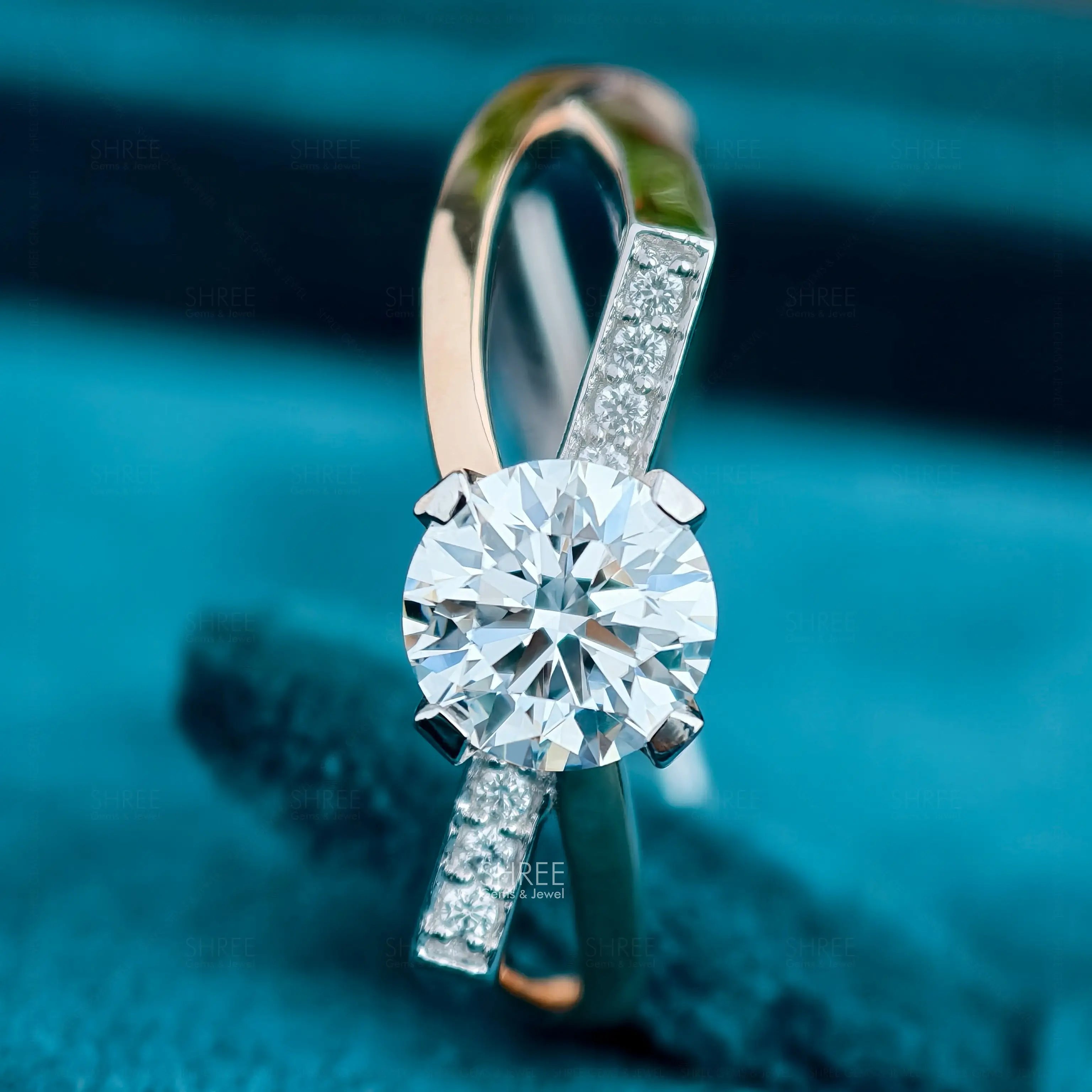 Close up view of Round Lab Diamond Crossover Ring