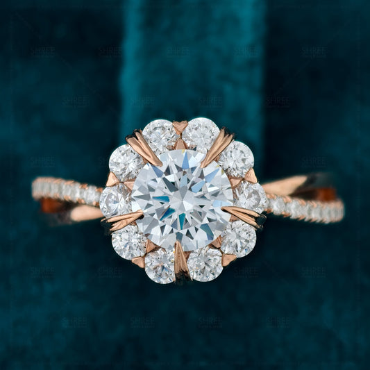 Round Cut Lab Diamond Flower Design Engagement Ring
