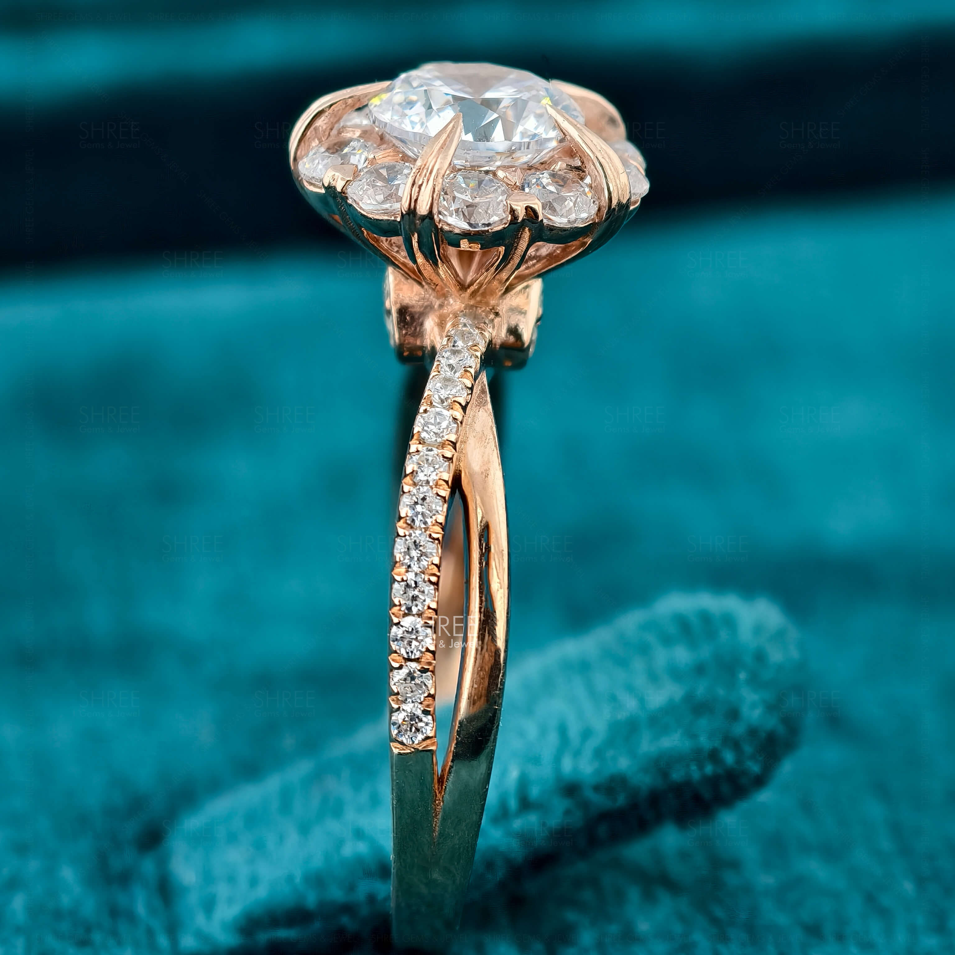 Side View Of Round Lab Diamond Vintage Floral Ring