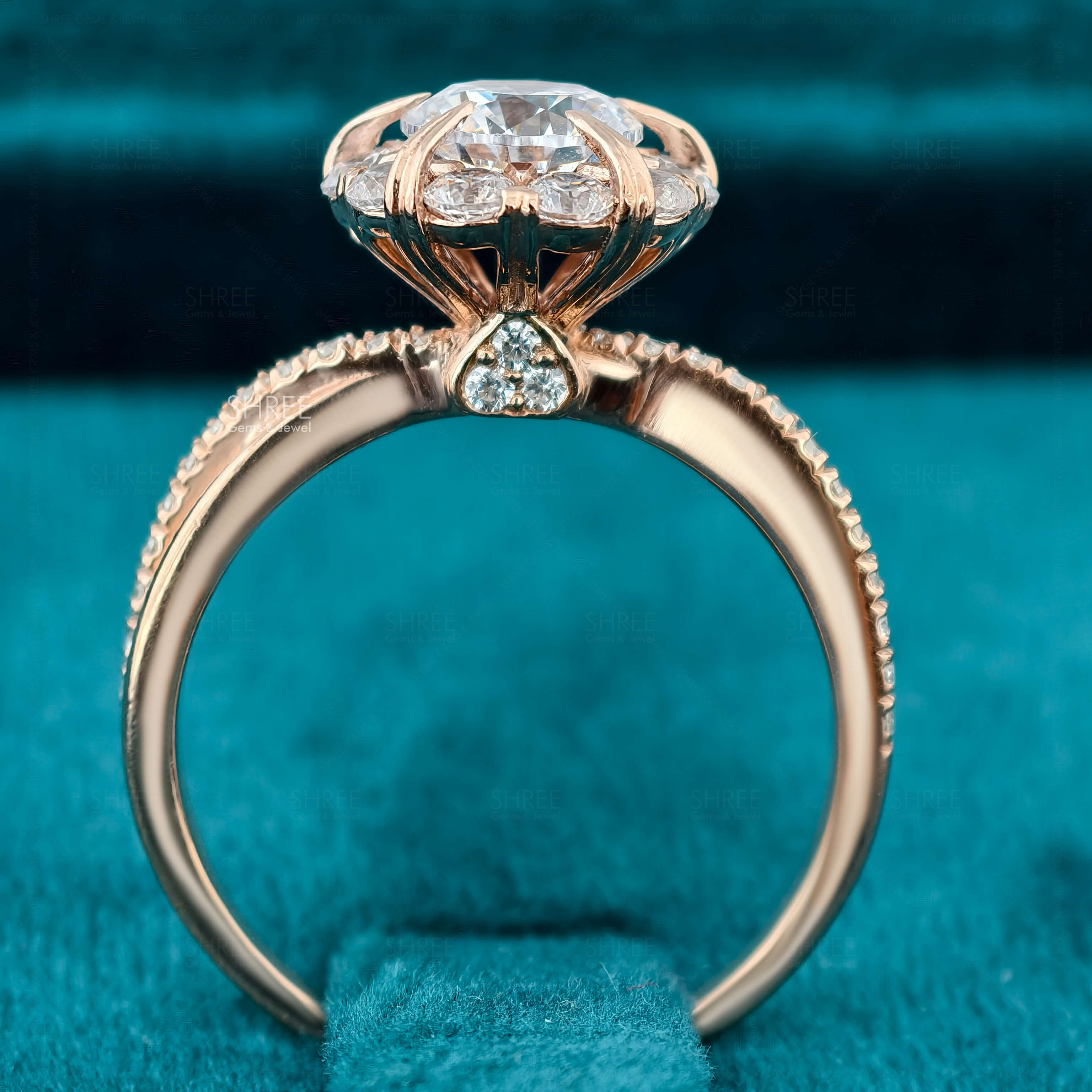 Full Band View Of  Round Lab Diamond Vintage Floral Ring​