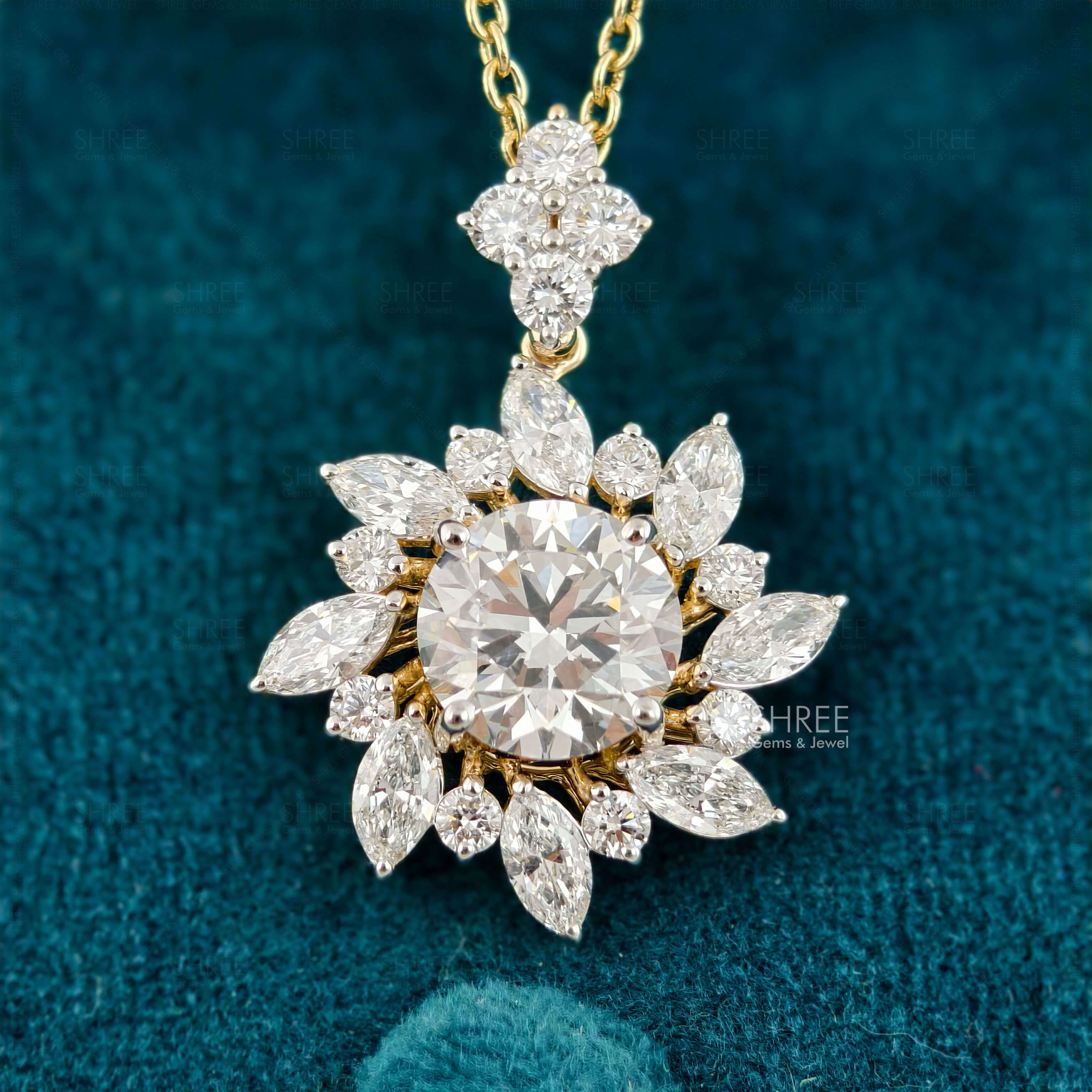 side view of Round & Marquise Diamond Cluster Flower Pendant​