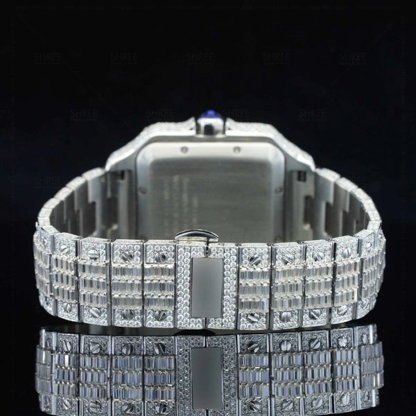 Back View of Round and Baguette Moissanite Santos Watch  41 MM  White Gold Tone