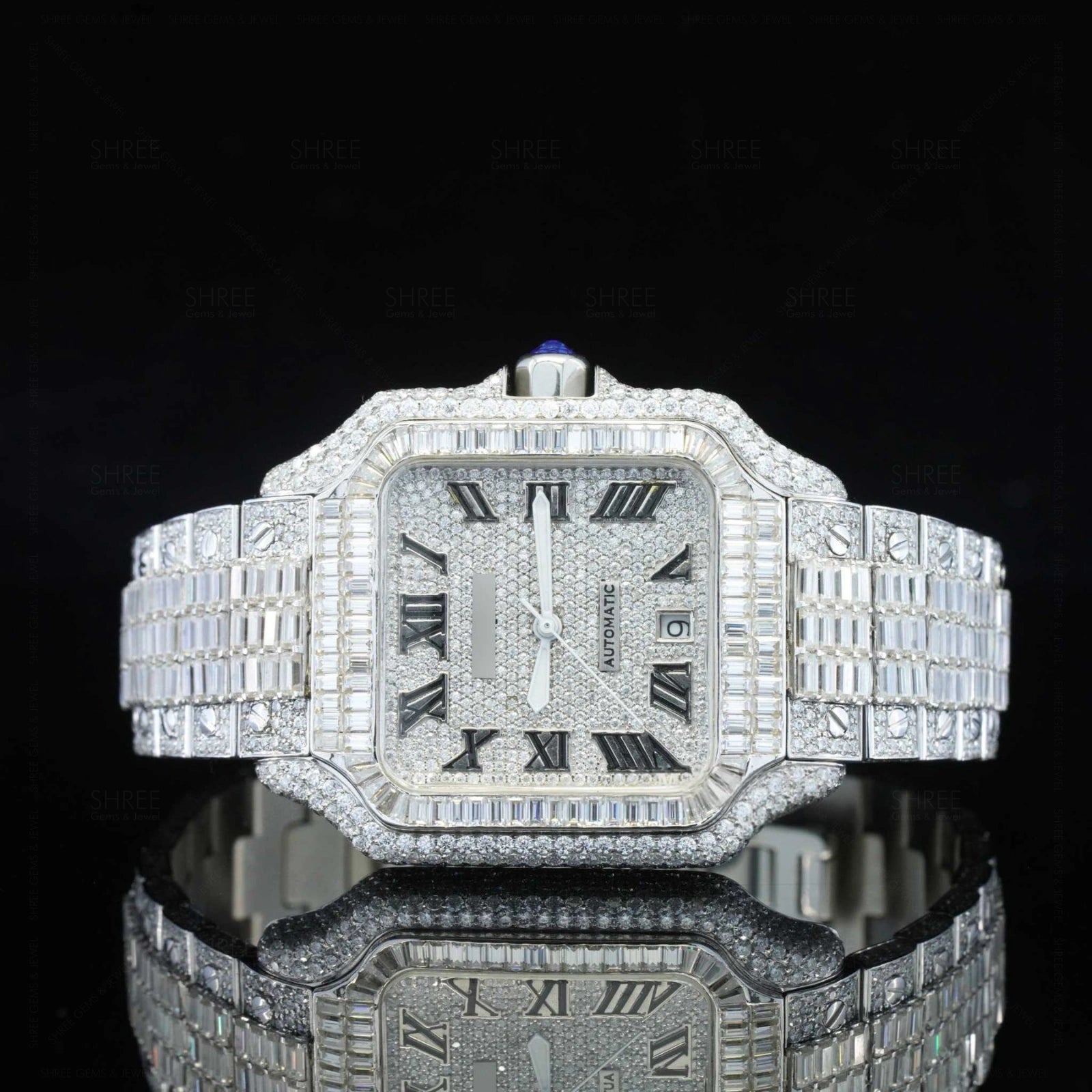 Front View of Baguette Cut Santos Style Watch 41mm – White Gold Tone Moissanite Dial