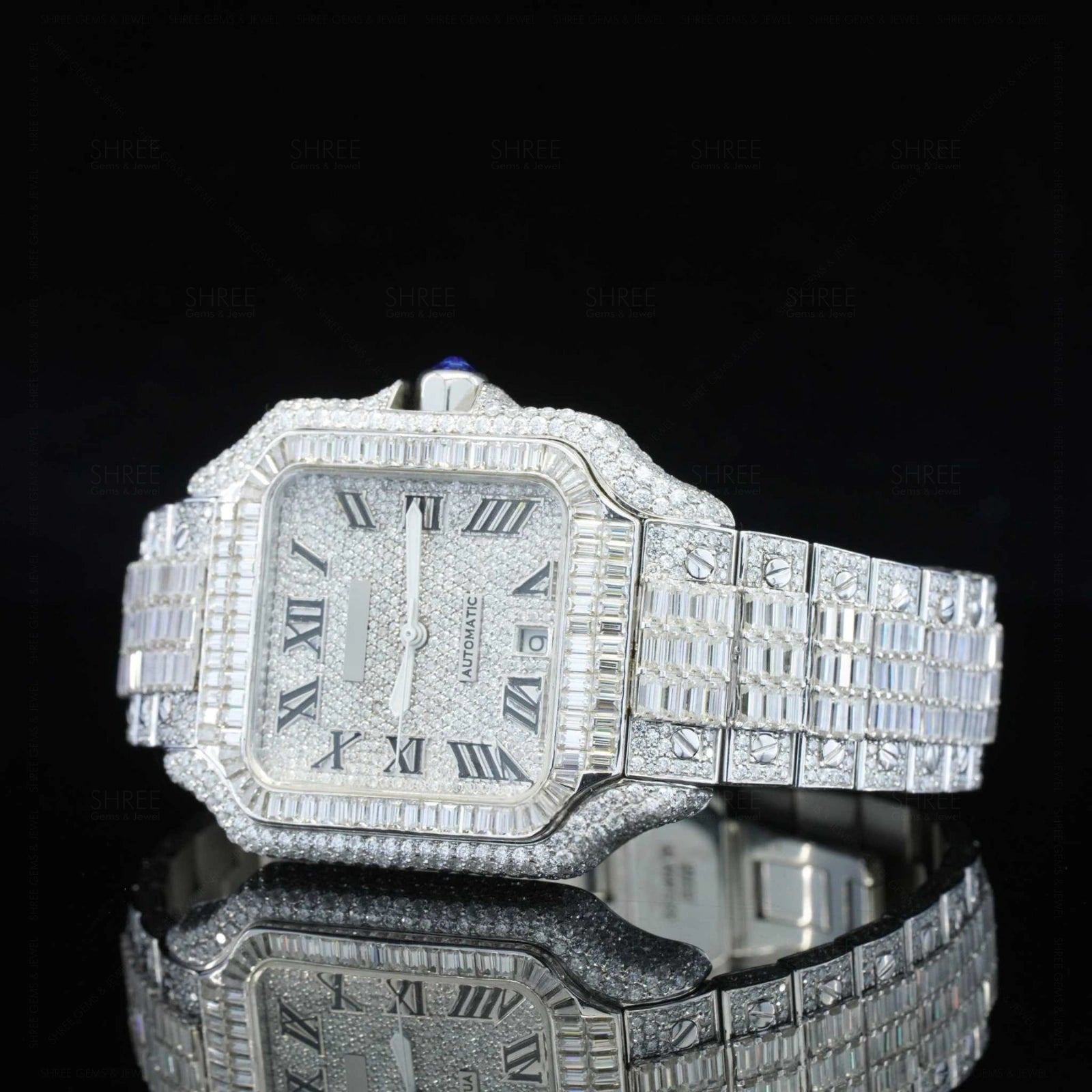 Close up view of Baguette Cut Santos Style Watch 41mm – White Gold Tone Moissanite Dial