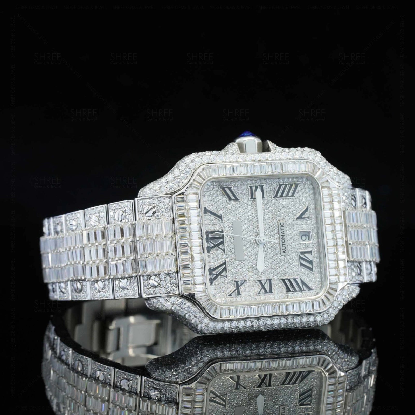Side View of Baguette Cut Santos Style Watch 41mm – White Gold Tone Moissanite Dial