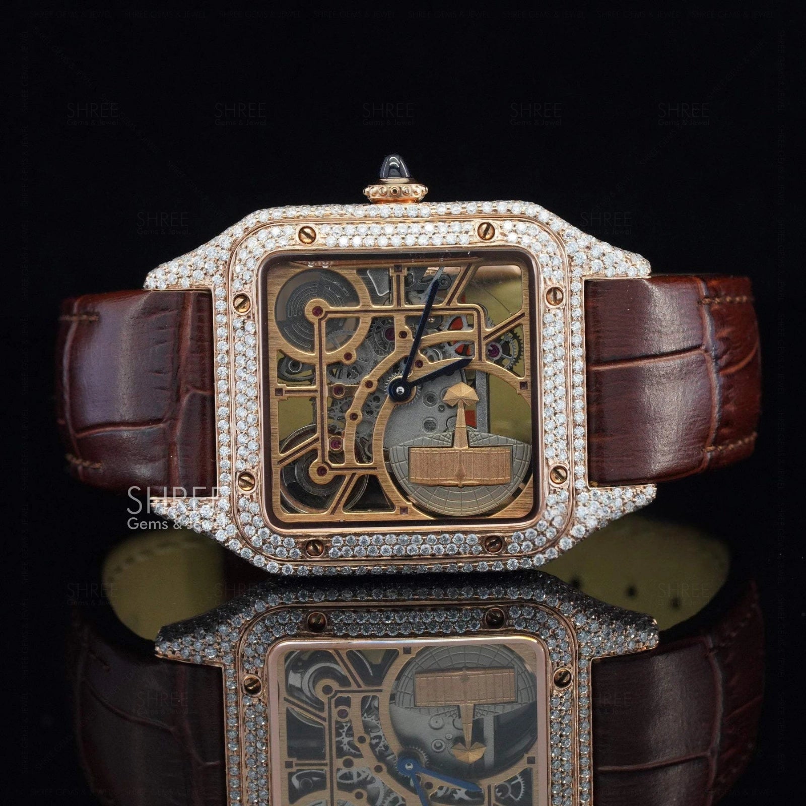Front View of Royal Oak Line Brown Strap Diamond Frame Timepiece in rose gold tone