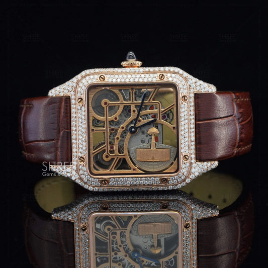 Front View of Royal Oak Line Brown Strap Diamond Frame Timepiece in rose gold tone