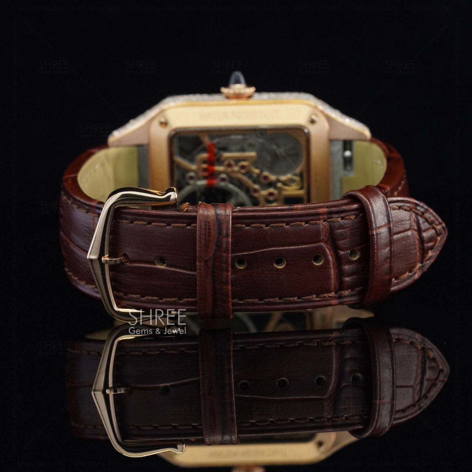Back Side View of Royal Oak Line Brown Strap Diamond Frame Timepiece in rose gold tone