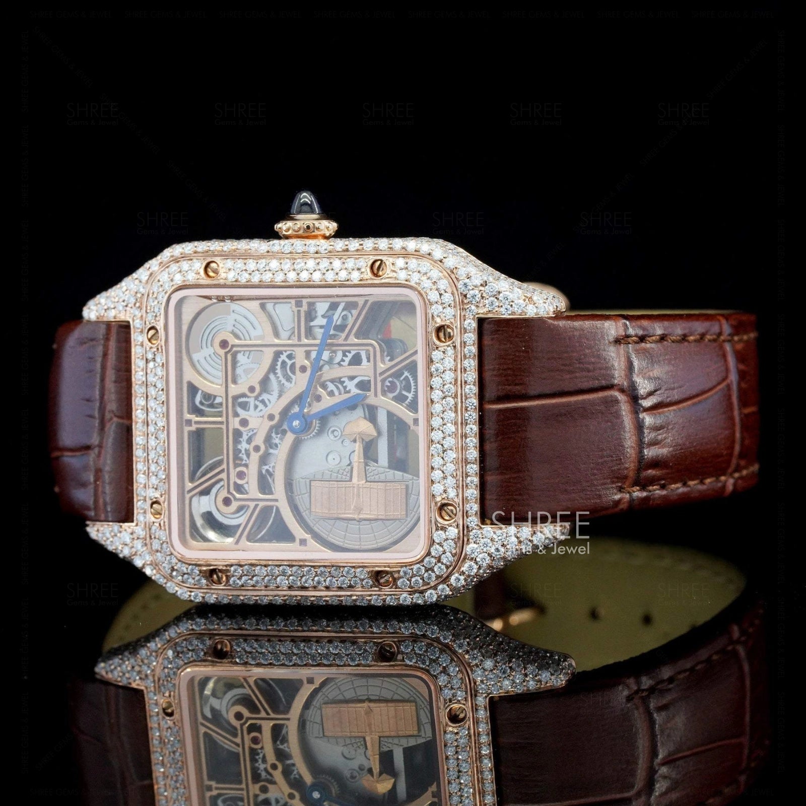 Side View of Royal Oak Line Brown Strap Diamond Frame Timepiece in rose gold tone