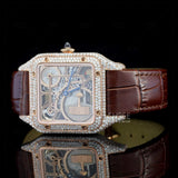 Side View of Royal Oak Line Brown Strap Diamond Frame Timepiece in rose gold tone