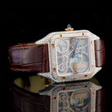 Side face View of Royal Oak Line Brown Strap Diamond Frame Timepiece in rose gold tone