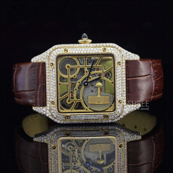 Front View of Royal Oak Line Brown Strap Diamond Frame Timepiece in Yellow gold tone