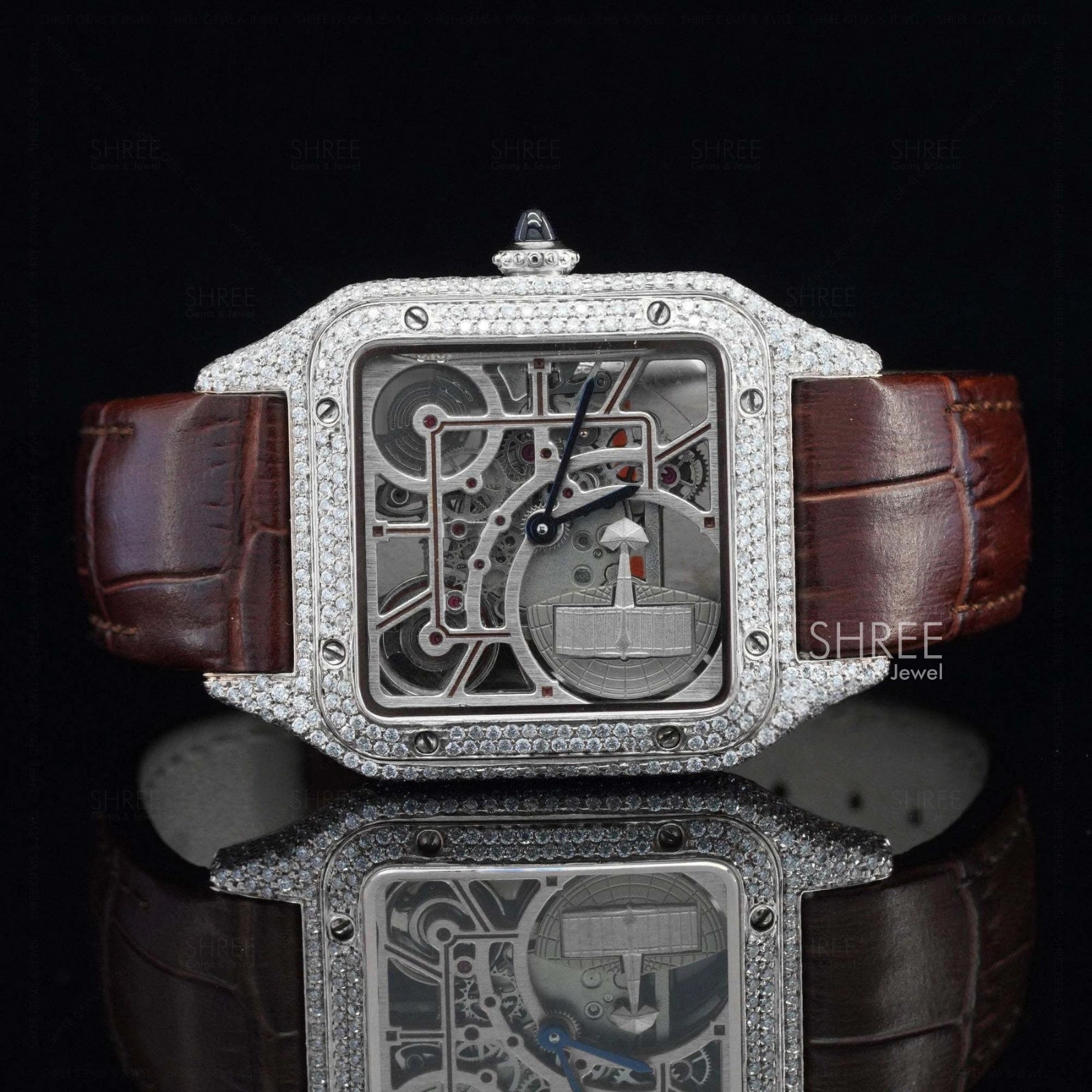 Front View of Royal Oak Line Brown Strap Diamond Frame Timepiece in White gold tone