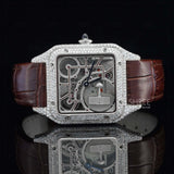 Front View of Royal Oak Line Brown Strap Diamond Frame Timepiece in White gold tone