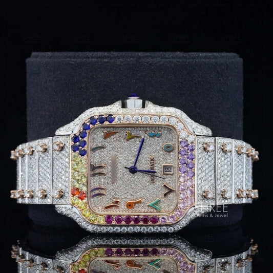 Front View of Royal Rainbow Round Cut Moissanite Timepiece