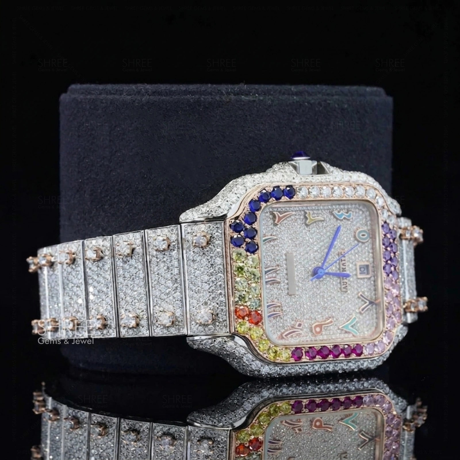 Side View Of Royal Rainbow Round Cut Moissanite Timepiece
