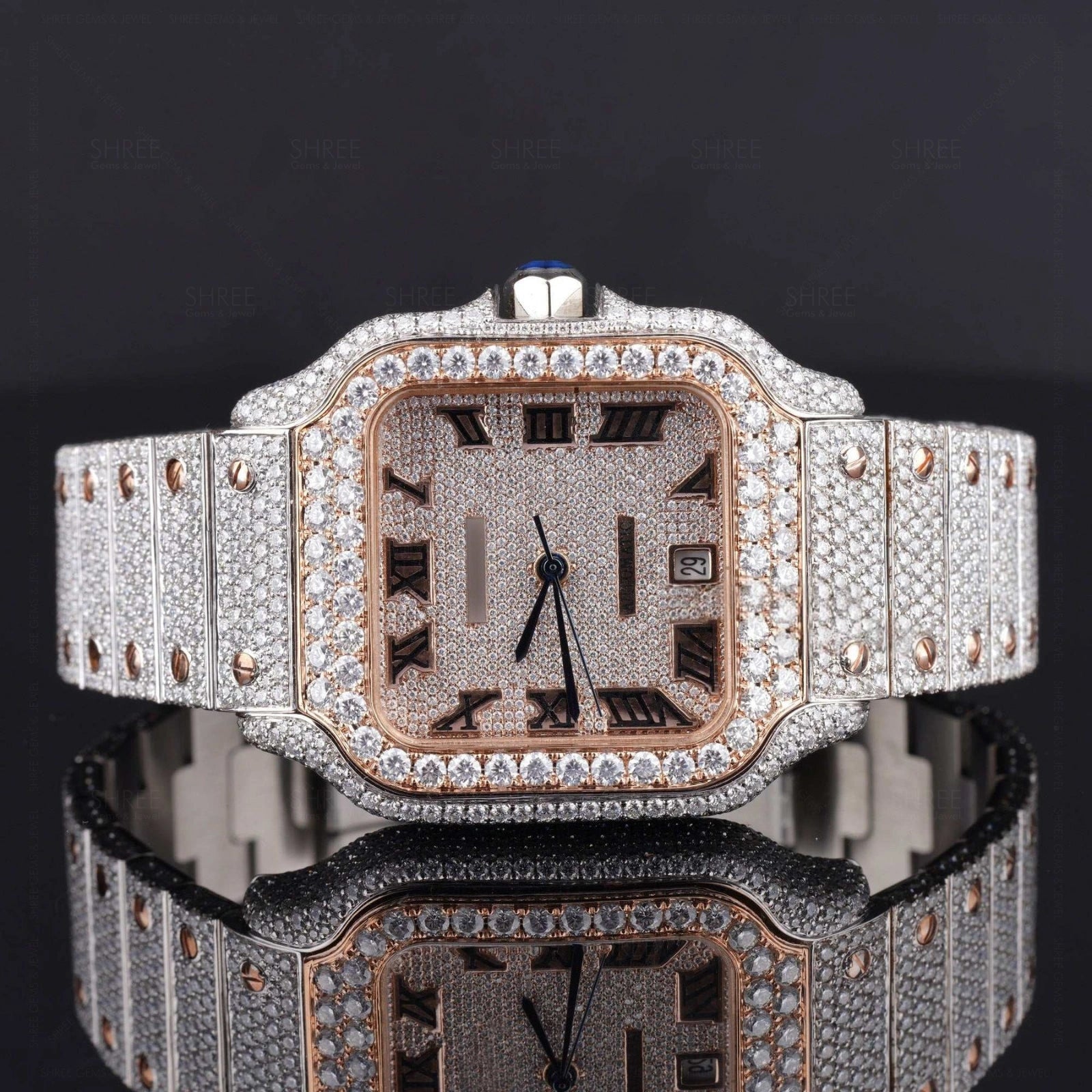 Face View of Santos Pave-Set Moissanite Diamond Watch  41 MM  Rose Gold Tone