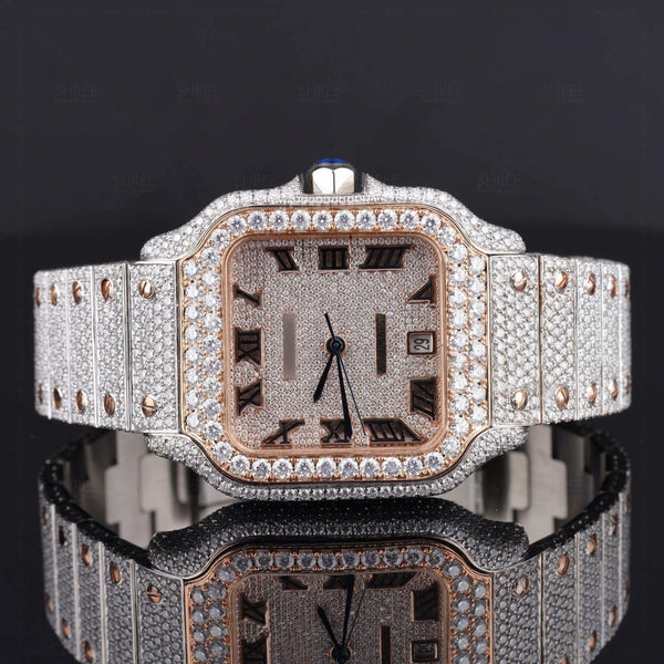 Face View of Santos Pave-Set Moissanite Diamond Watch  41 MM  Rose Gold Tone