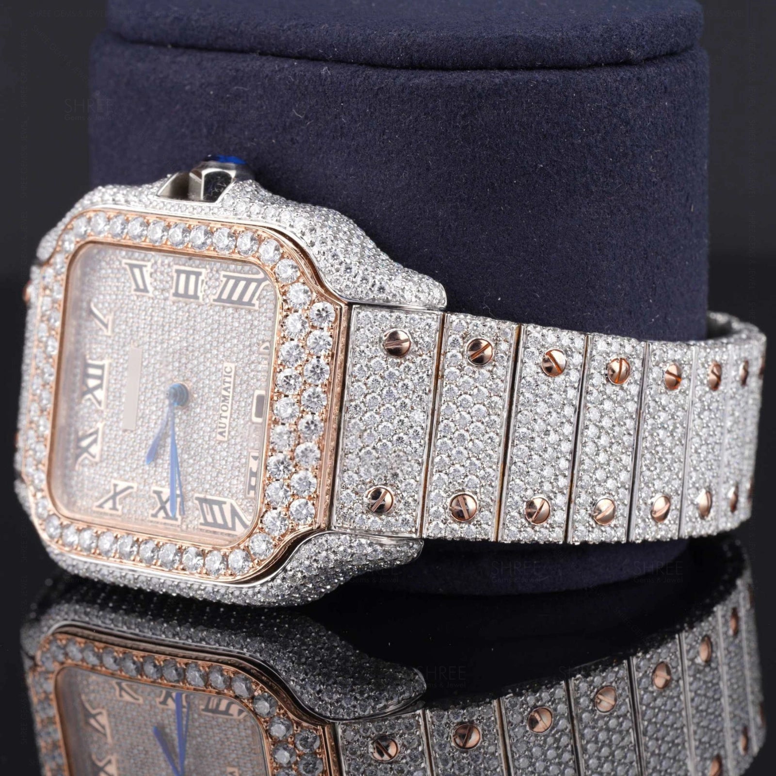 Side view of Santos Pave-Set Moissanite Diamond Watch  41 MM  Rose Gold Tone