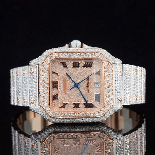 Front view of Santos Pave-Set Moissanite Diamond Watch | 41 MM | Rose Gold Tone