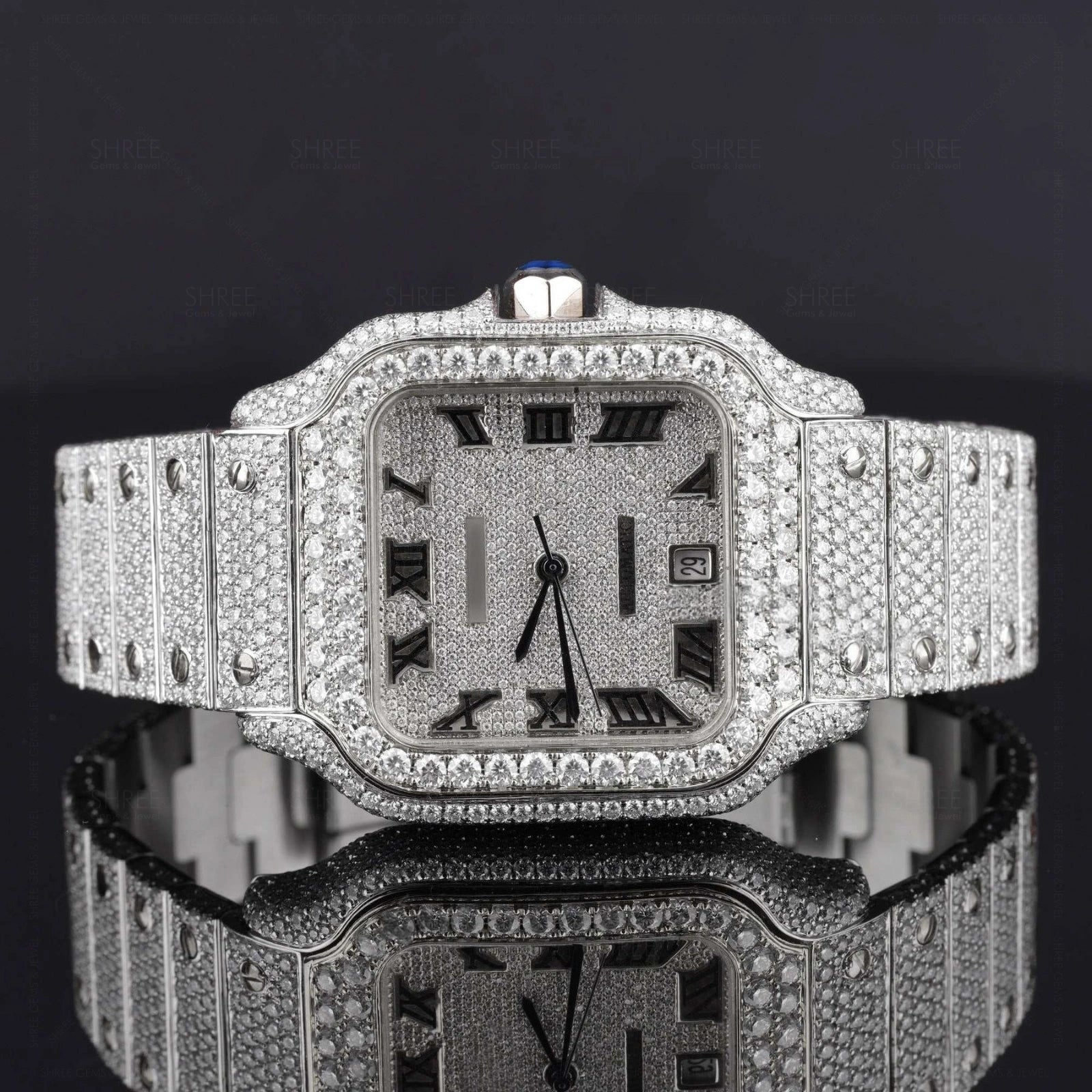 Front View of Santos Pave-Set Moissanite Diamond Watch  41 MM  White Gold Tone