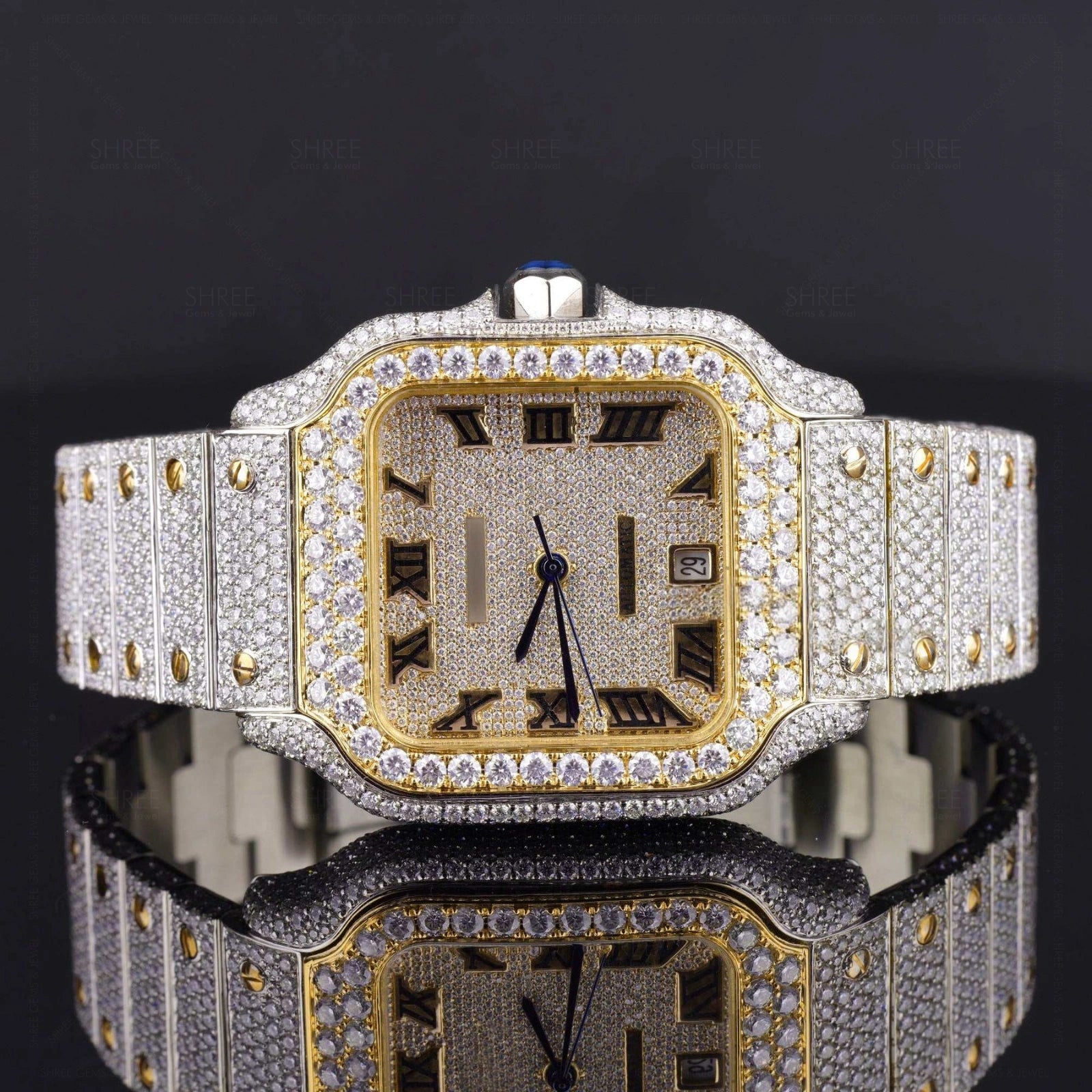 Front View of Santos Pave-Set Moissanite Diamond Watch  41 MM  Yellow  Gold Tone