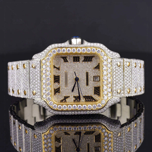 Front View of Santos Pave-Set Moissanite Diamond Watch  41 MM  Yellow  Gold Tone