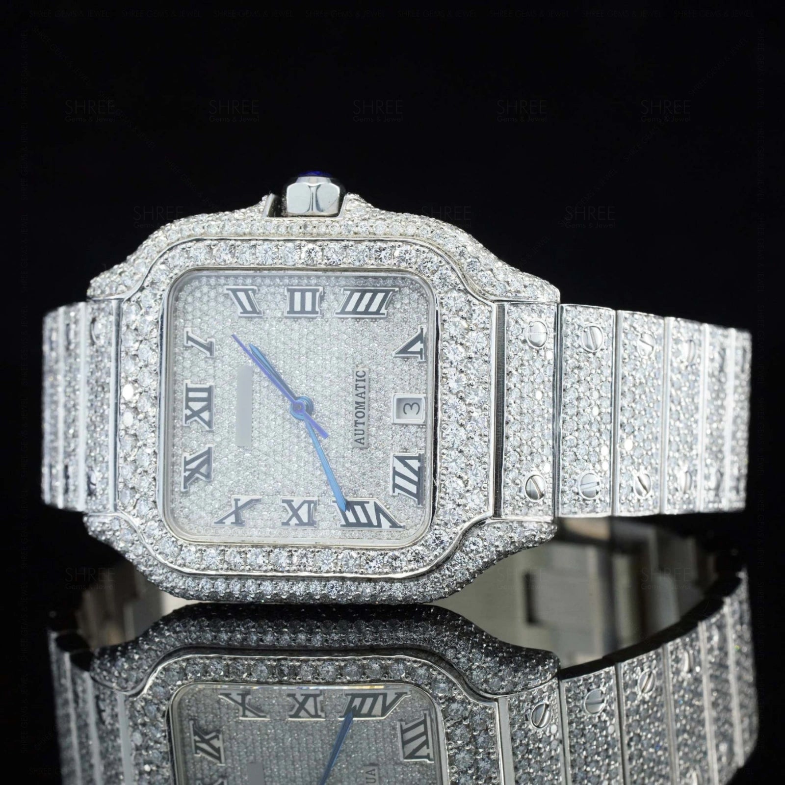 Side view of Santos Pave-Set Moissanite Diamond Watch | 41 MM | White Gold Tone