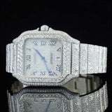 Side view of Santos Pave-Set Moissanite Diamond Watch | 41 MM | White Gold Tone