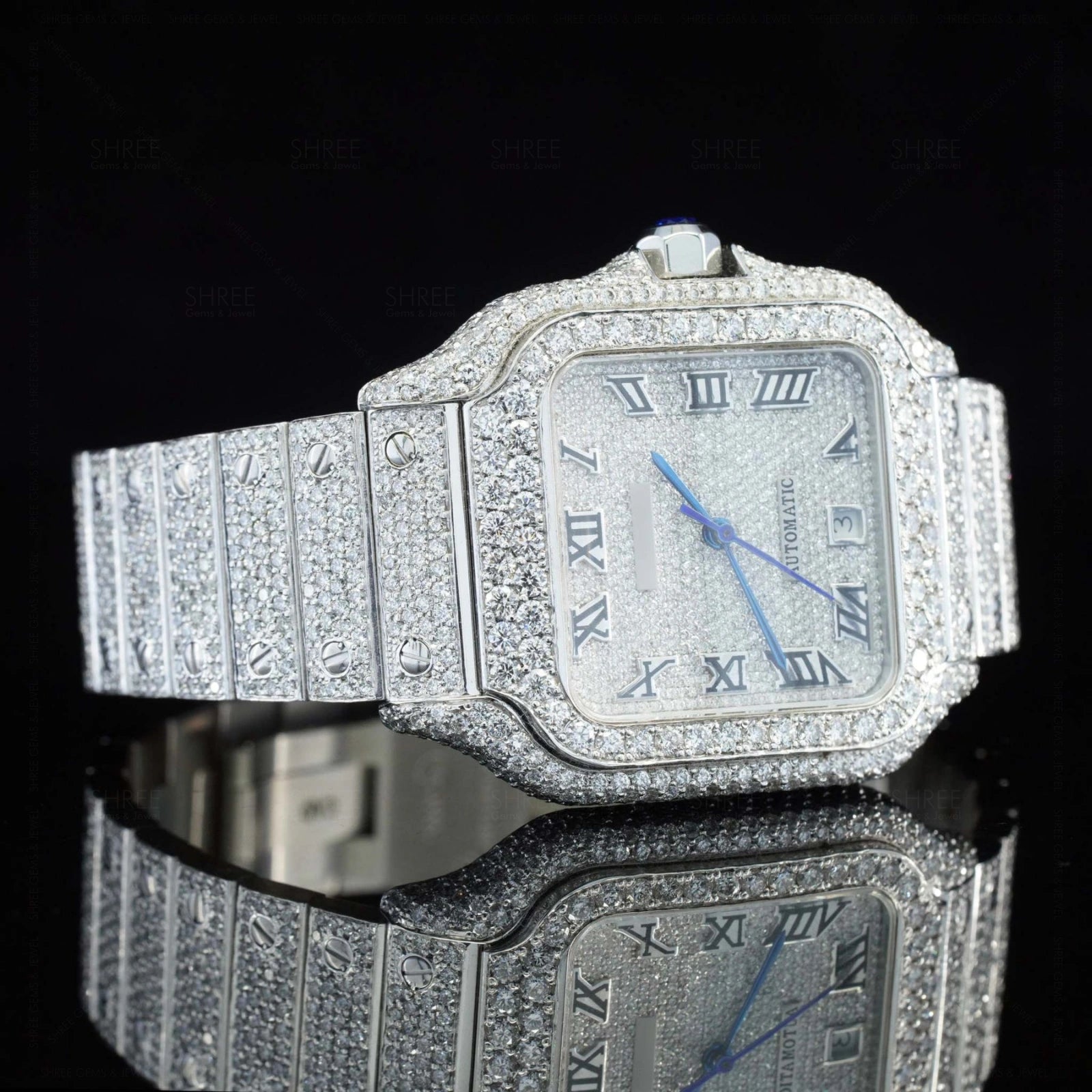 Closeup view of Santos Pave-Set Moissanite Diamond Watch | 41 MM | White Gold Tone