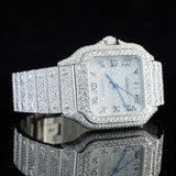Closeup view of Santos Pave-Set Moissanite Diamond Watch | 41 MM | White Gold Tone