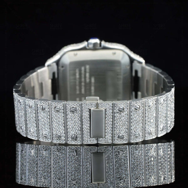 Backside view of Santos Pave-Set Moissanite Diamond Watch | 41 MM | White Gold Tone