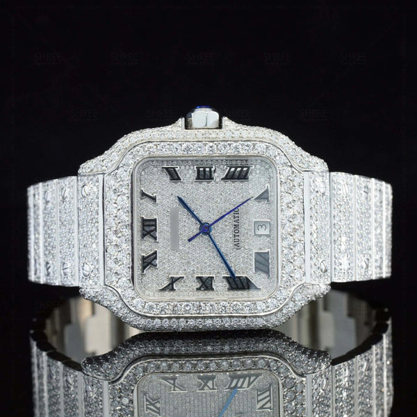 Front view of Santos Pave-Set Moissanite Diamond Watch | 41 MM | White Gold Tone